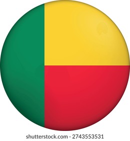 Flag of Benin. Glossy circular flag. Button appearance. 3D Icon Design with depth. Professional, tactile look. Perfect for representing national identity in digital interfaces and perfect for websites.