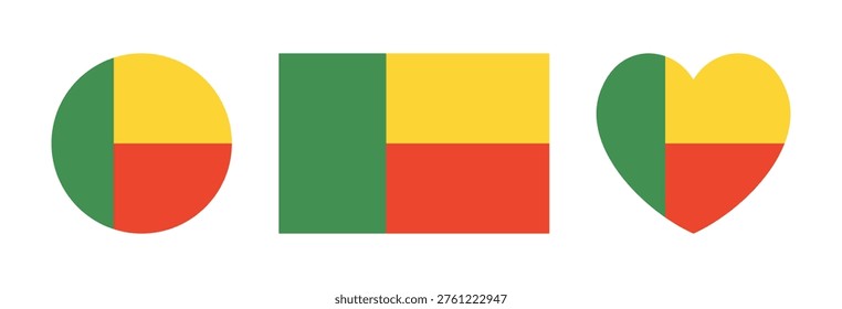 Flag of Benin icon, sticker. Round, rectangular, heart shaped National Benin flag button, badge. Republic Benin flag banner, background in rectangle, circle, heart shapes. Beninese Flag logo.