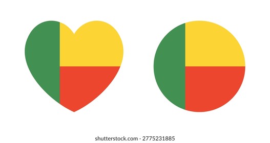 Flag of Benin icon, sticker set. Round heart National Benin flag button, badge. Republic Benin flag banner, background in circle, heart shape. Beninese Flag logotype.