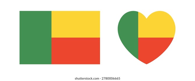 Flag of Benin icon, sticker. Set of rectangular, heart National Benin flag button, badge. Republic Benin flag banner, background in rectangle, heart shape. Beninese Flag logo.