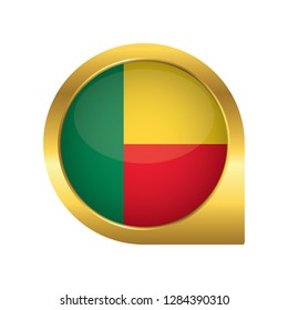 Flag of Benin, location map pin, pointer flag, button with the reflection of light and shadow, gold frame, Icon country. Realistic vector illustration on white background.