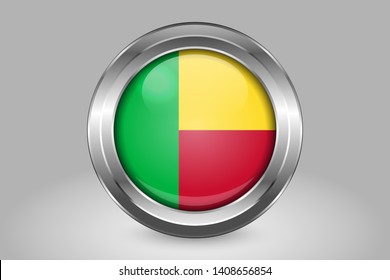 Flag of Benin. Metal and Glass Round Vector Icon. Isolated on Gray