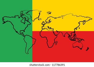 The flag of Benin with the outline of the world