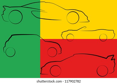 The flag of Benin with the outlines of many cars of different types