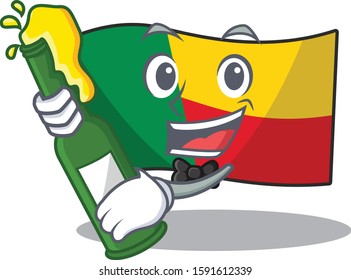 Flag benin Scroll with bottle of beer mascot cartoon style