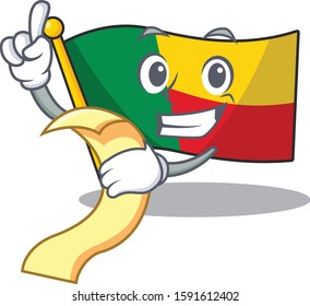 flag benin Scroll cartoon character holding menu ready to serve