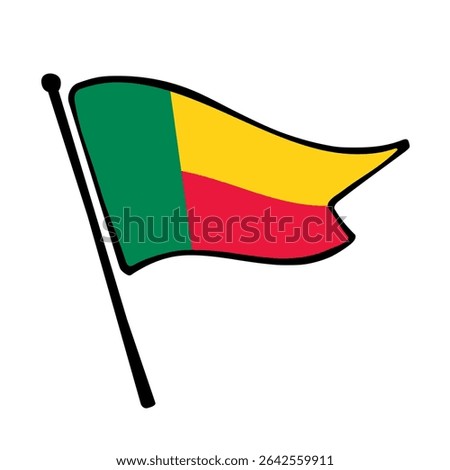 Flag of Benin. Benin flag vector illustration icon design in the hand-drawn style. Fluttering flagpole flag.