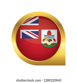 Flag of Bermuda, location map pin, pointer flag, button with the reflection of light and shadow, gold frame, Icon country. Realistic vector illustration on white background.