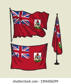 Flag of Bermuda on the wind and on the wall - vector drawing illustration set