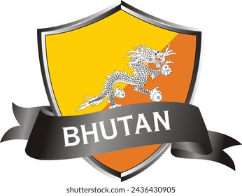 Flag of Bhutan as around the metal silver shield with Bhutan flag