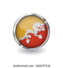 Flag of bhutan, button with metal frame and shadow. bhutan flag vector icon, badge with glossy effect and metallic border. Realistic vector illustration on white background.