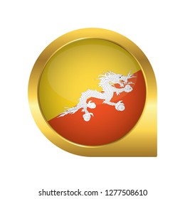 Flag of Bhutan, location map pin, pointer flag, button with the reflection of light and shadow, gold frame, Icon country. Realistic vector illustration on white background.