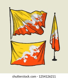 Flag of Bhutan on the wind and on the wall illustration set