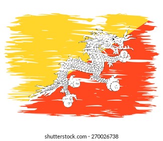 Flag of Bhutan.  Painted brush colored inks. Symbol Independence Day National Patriotic Travel Country Background Grunge Paint Stock Vector Icon Logo Picture Image Illustration Political