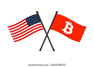 Bandera del símbolo de Bitcoin en un fondo naranja y Estados Unidos cruzado en los palos