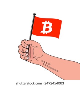 Flag of Bitcoin symbol on an orange background on the stick