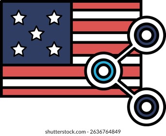 A flag with a blue circle in the middle and three white circles around it. The blue circle represents the internet and the three white circles represent the three main social media platforms: Facebook