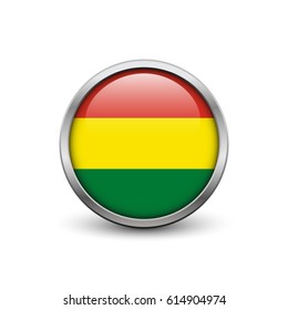 Flag of Bolivia, button with metal frame and shadow