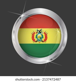 Flag of Bolivia in circle. 3D effect. Glossy and shiny button with metal frame and sparkles. Light reflection. Round Graphic design element. Isolated on gray background. Vector image EPS 10. 