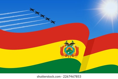 Die Flagge Boliviens und eine Kampfflugzeugbildung fliegen am Himmel. 6. August Unabhängigkeitstag Bolivien. Militärische Luftfahrt am blauen Himmel. Vektorgrafik