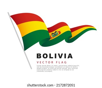 The flag of Bolivia hangs on a flagpole and flutters in the wind. Vector illustration isolated on white background. Colorful logo of the Bolivian flag.