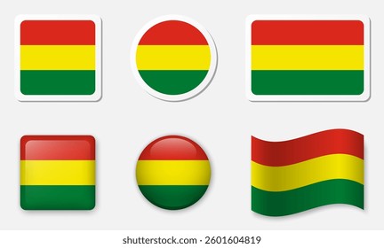 Flag of Bolivia icons collection. Flat stickers and 3d glass vector elements on white background.