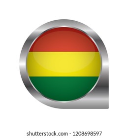 Flag of Bolivia, location map pin, pointer flag, button with the reflection of light and shadow, silver frame, Icon country. Realistic vector illustration on white background.