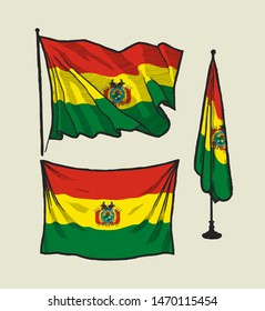 Flag of Bolivia on the wind and on the wall - vector illustration set