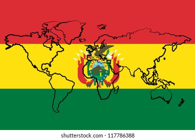 The flag of Bolivia with the outline of the world