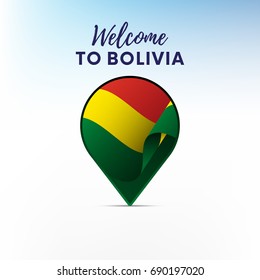 Flag of Bolivia in shape of map pointer or marker. Welcome to Bolivia. Vector illustration.