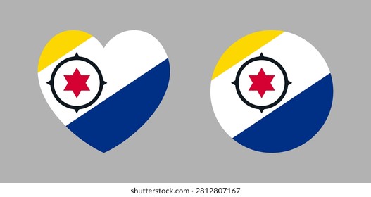 Flag of Bonaire round, heart badge, button. Set of Bonaire flag circle, heart icon, sticker. Flag Bonaire banner, background.