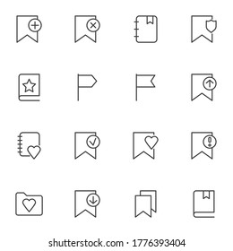 Flag bookmark line icons set, outline vector symbol collection, linear style pictogram pack. Signs, logo illustration. Set includes icons as add bookmark, favorite book, heart, star, document folder