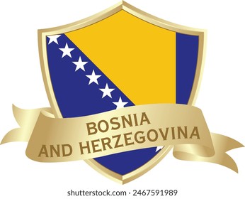 Flag of bosnia and herzegovina as around the metal gold shield with bosnia and herzegovina flag