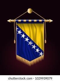 Flag of Bosnia and Herzegovina. Festive Vertical Banner. Wall Hangings with Gold Tassel Fringing