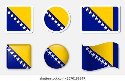 Flag of Bosnia and Herzegovina icons collection. Flat stickers and 3d realistic glass vector elements on white background with shadow underneath.