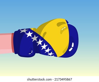 Flag of Bosnia and Herzegovina on boxing glove. Confrontation between countries with competitive power. Offensive attitude. Separation of power. Template ready design.