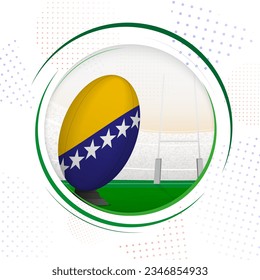 Flag of Bosnia and Herzegovina on rugby ball. Round rugby icon with flag of Bosnia and Herzegovina. Vector illustration.