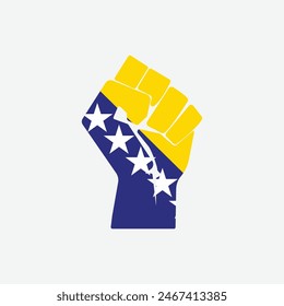 Flag of Bosnia and Herzegovina in the shape of raised hand sign isolated on background. Fist symbol modern, simple, vector, icon for website design, mobile app, ui. Vector Illustration
