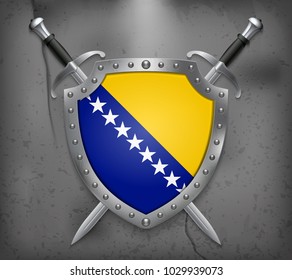 Flag of Bosnia and Herzegovina. The Shield with National Flag. Two Crossed Swords. Vector Medieval Background