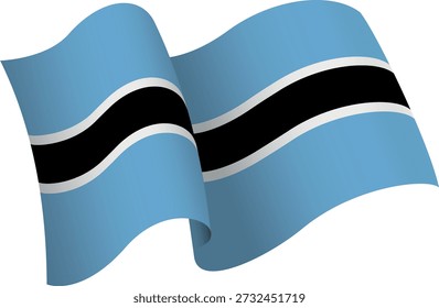 Bandeira do Botswana. Bandeira estilo fita que transmite uma sensação de movimento e efeito de ondulação. As curvas elegantes e sombreamento realista criam uma sensação de movimento. Ideal para projetos internacionais, materiais de viagem e apresentações culturais.