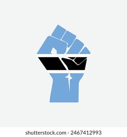 Flag of Botswana in the shape of raised hand sign isolated on background. Fist symbol modern, simple, vector, icon for website design, mobile app, ui. Vector Illustration