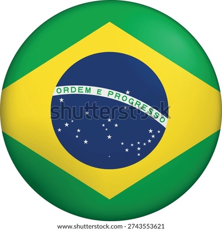 Flag of Brasil. Glossy circular flag. Button appearance. 3D Icon Design with depth. Professional, tactile look. Perfect for representing national identity in digital interfaces and perfect for websites