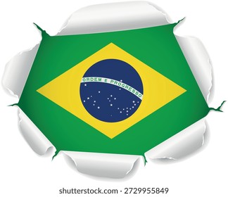 Flag of Brasil. Flag Revealed Through Torn Paper Hole with Realistic Curled Edges over a transparent background. The ripped edges curl outward with realistic shadows and depth, creating a striking reveal effect