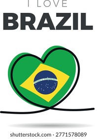 Flag of Brasil. Stylized heart-shaped framed design. A continuous black line that loops to form the heart's silhouette, adding a minimalist and artistic touch. Love and patriotism for the culture