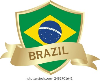 Flag of brazil as around the metal gold shield with brazil flag