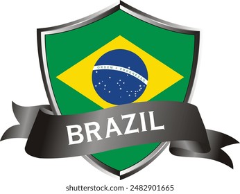 Flag of brazil as around the metal silver shield with brazil flag