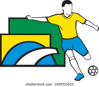 Flag of Brazil background. Brazilian pattern in the colors of the flag, player and soccer ball. Vector Illustration