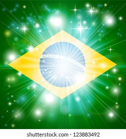 Flag of Brazil background with pyrotechnic or light burst and copy space in the centre