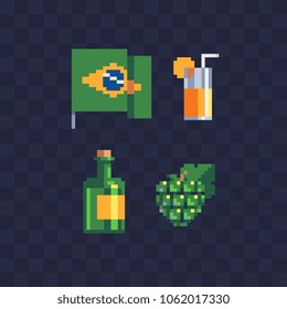 Flag of Brazil a bottle of grape wine and a glass of fresh juice pixel art 80s style icon isolated vector illustration. Game assets 8-bit sprite. Design for stickers, logo, mobile app.