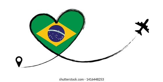 Flag Brazil, Brasil. Heart, love romantic travel. Symbol of  airplane, air plane, aircraft, aeroplane, flying, fly jet airline. Line path. Vector location pointer route. Travel. 